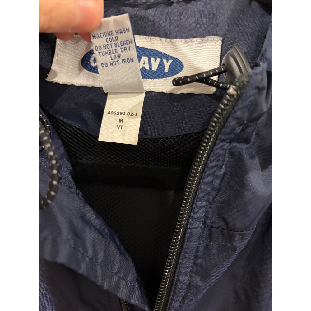 Vintage Old Navy Mens Windbreaker Jacket Navy Blue Striped Sleeve Hooded - Picture 4 of 7